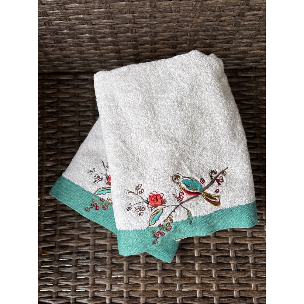 Lenox Chirp Embroidered Hand Towel Set 2 White Cotton Floral Bird Teal Border